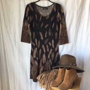 REBORN Sweater Dress Leopard/Feather Print Vintage/Boho Vibes fits Jr S-M